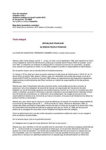 Bulletin Juillet Lien 2 Cour de cassation avis plainte hepatite B juilllet 2019