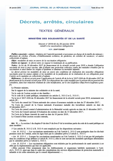 Décret n° 2018-42 du 25 janvier 2018 relatif à la vaccination obligatoire