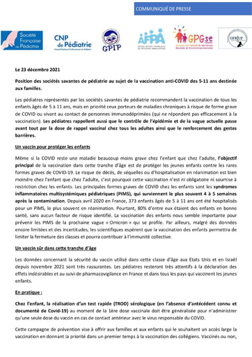 Communiqué de presse vaccination 5-11 ans