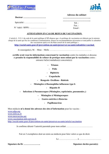 4- Attestation de refus de vaccination Infovac/AFPA